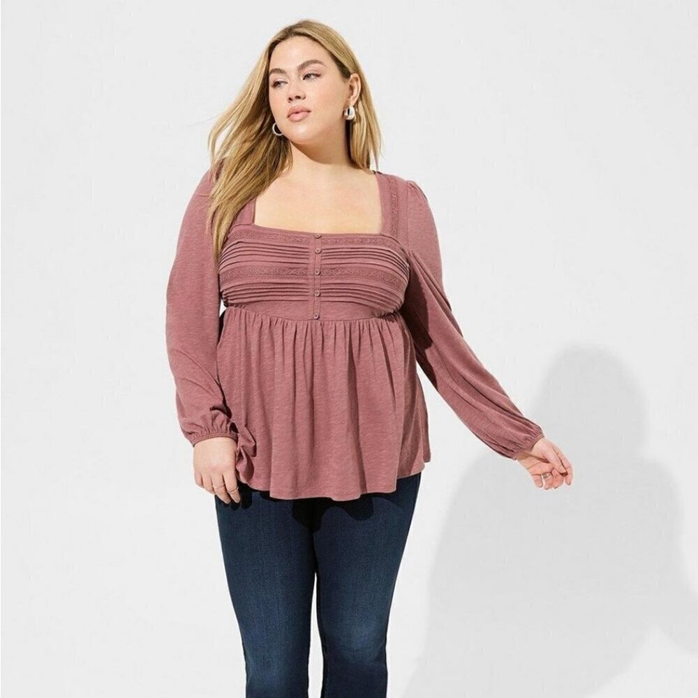 Torrid - Cotton Modal Slub Square Neck Pintuck Top in Rose Taupe - Picture 1 of 14